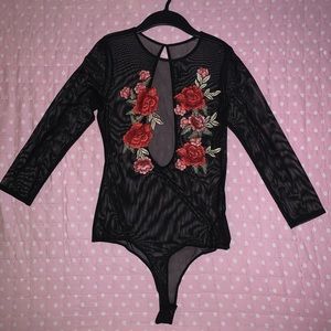 Mesh red roses bodysuit